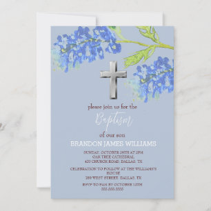 Invitation Bluebonnets Floral Dusty Croix bleue Baptême
