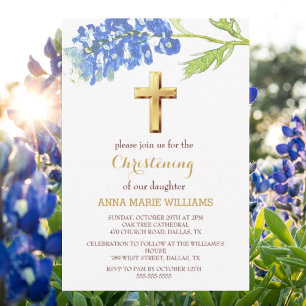 Invitation Bluebonnets Floral Gold Fleur sauvage Cross Baptêm