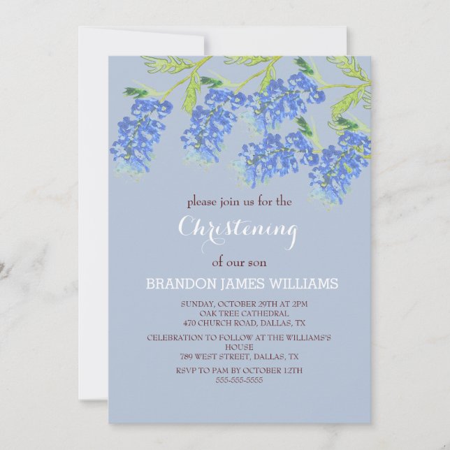 Invitation Bluebonnets Floral Or Dusty Croix Bleue Baptême (Devant)