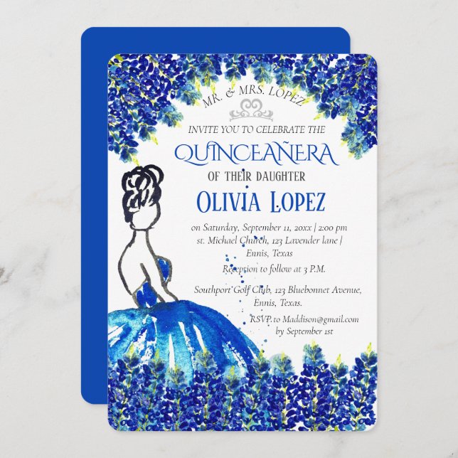 Invitation Bluebonnets Quinceañera Blue Floral Anniversaire (Devant / Derrière)