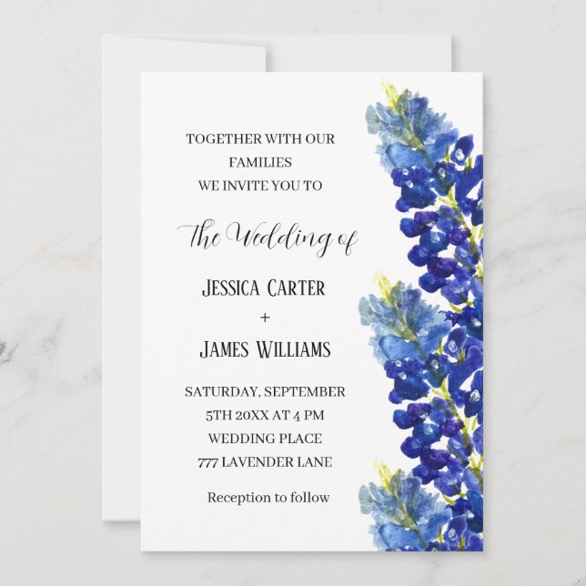 Invitation Bluebonnets Texas Aquarelle Mariage Floral (Devant)