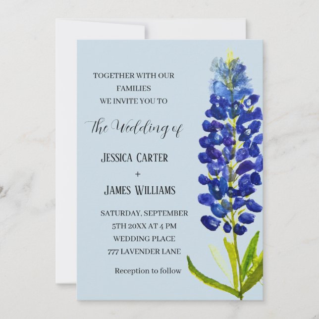 Invitation Bluebonnets Texas Blue Watercolor Mariage Floral (Devant)