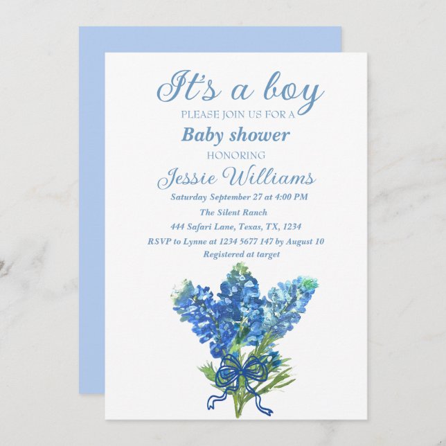 Invitation Bluebonnets Texas Floral Blue Bow Baby-boy douche (Devant / Derrière)