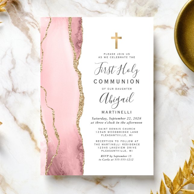 Invitation  Blush Agate Gold Glitter First Holy Communion (Créateur téléchargé)