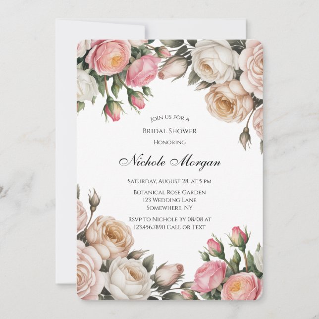 Invitation Blush and Ivory Rose Floral Bridal Shower (Devant)
