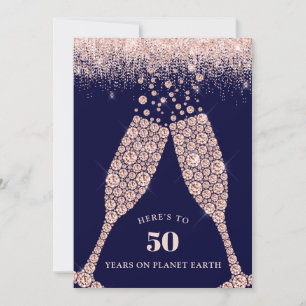 Invitation Blush and Navy Champagne Toast 50th Birthday Party