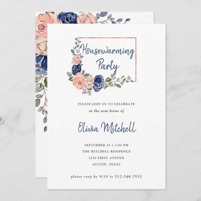 Invitation Blush and Navy Floral Geometry House Party (Devant / Derrière)