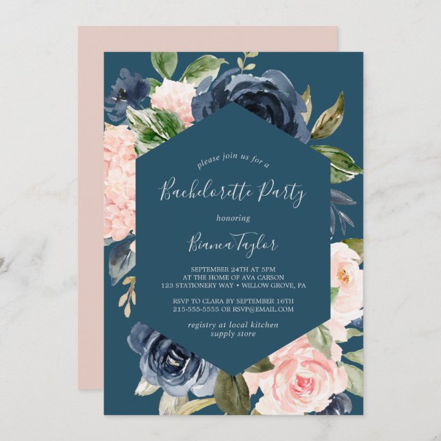Invitation Blush and Navy Flowers Blue Bachelorette Party (Devant / Derrière)