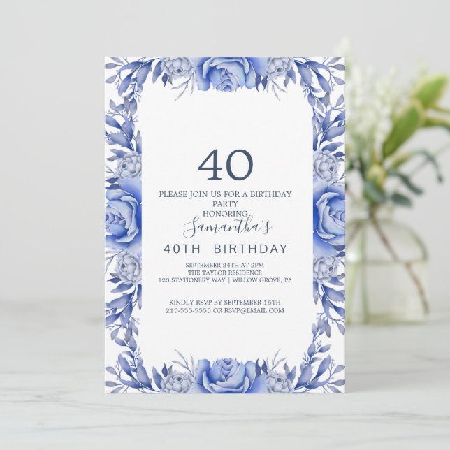Invitation Blush and Navy Flowers Blue Wreath 40e anniversair (Debout devant)
