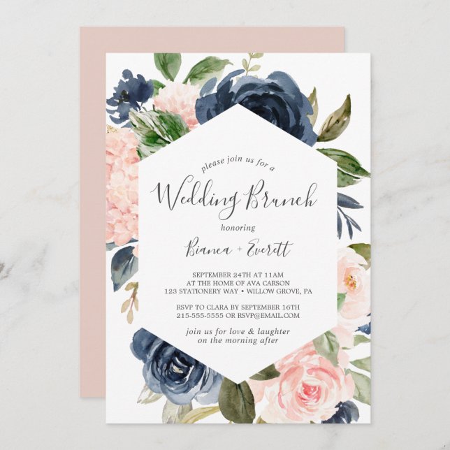 Invitation Blush and Navy Flowers Mariage blanc Brunch (Devant / Derrière)