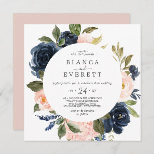 Invitation Blush and Navy Flowers White Carré Mariage Décontr
