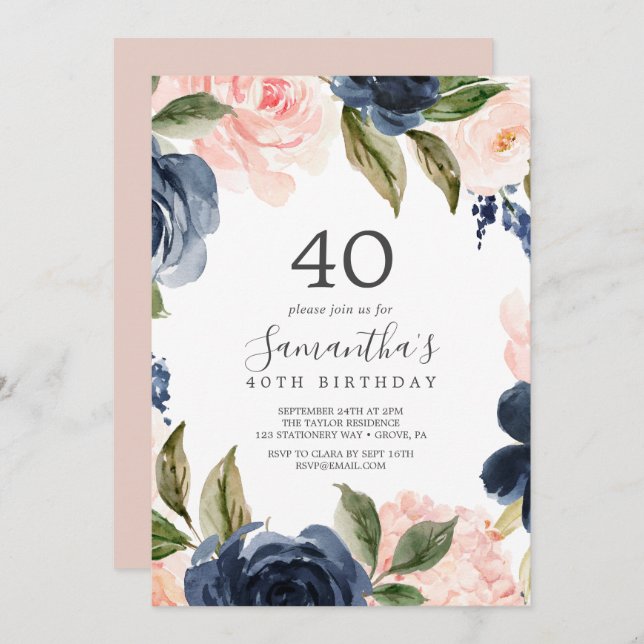 Invitation Blush and Navy Flowers White Wreath 40e anniversai (Devant / Derrière)