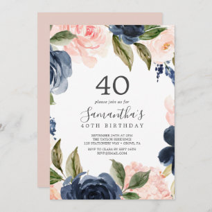 Invitation Blush and Navy Flowers White Wreath 40e anniversai