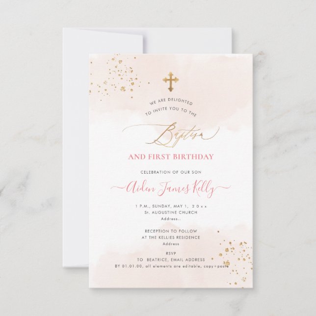 Invitation Blush Aquarelle Or Baptême+1er Anniversaire (Devant)