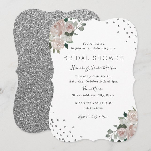 Invitation Blush Argent Fleurs Confettis Mariage (Devant / Derrière)
