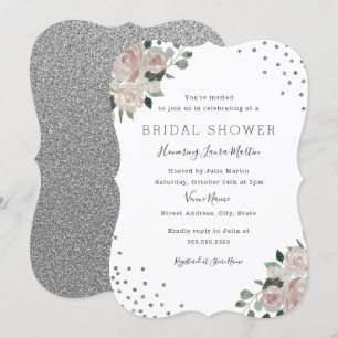 Invitation Blush Argent Fleurs Confettis Mariage