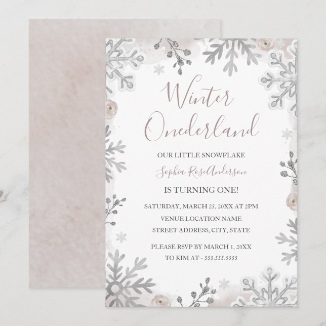 Invitation Blush Argent Hiver Onederland 1er Anniversaire  (Devant / Derrière)