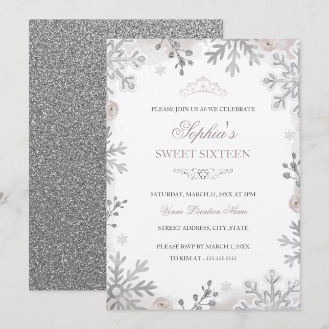 Invitation Blush Argent Winter Wonderland 16e Anniversaire (Devant / Derrière)