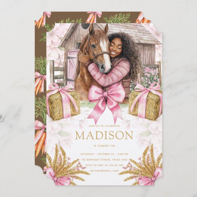 Invitation Blush Barn Horse Birthday Black Girl (Devant / Derrière)