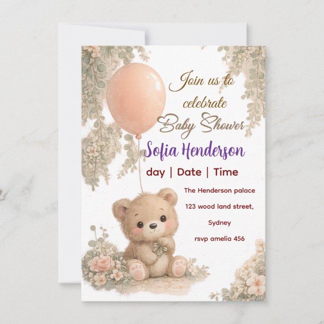 Invitation Blush  Bear Soft Water colour floral baby shower (Devant)