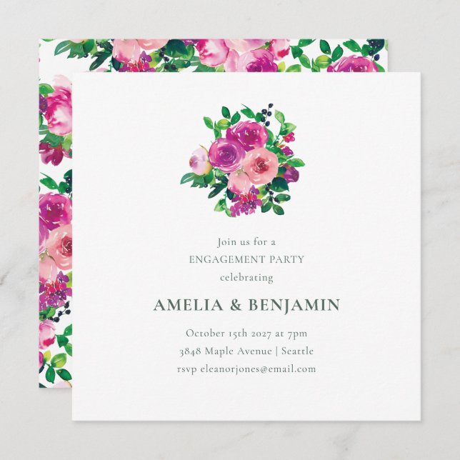 Invitation Blush Berry Floral Engagement Party Magenta (Devant / Derrière)