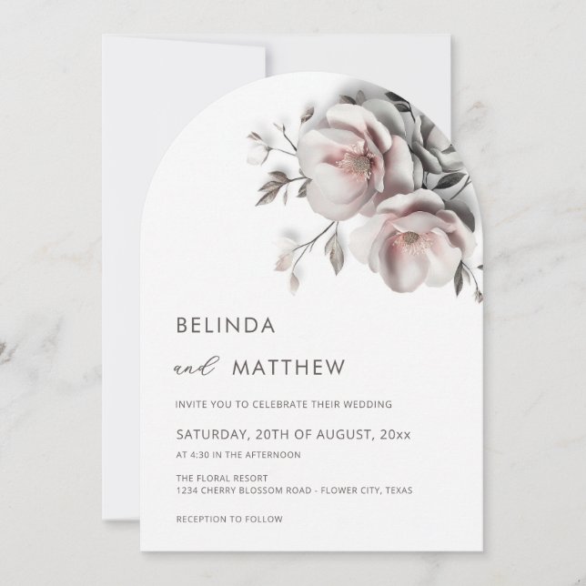 Invitation Blush Blanc 3D Roses Mariage Simple (Devant)