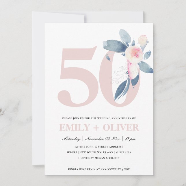 INVITATION BLUSH BLEU FLEURI 50ÈME ANNIVERSAIRE TOUTE ANNÉE (Devant)
