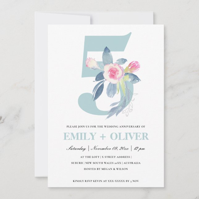 INVITATION BLUSH BLEU FLEURI DOUX 5ÈME ANNIVERSAIRE TOUTE ANN (Devant)
