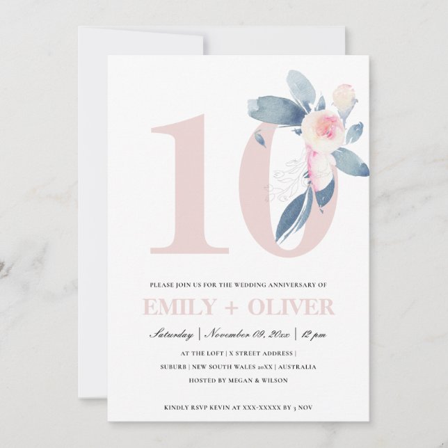 INVITATION BLUSH BLEU FLORAL DOUX 10ÈME ANNIVERSAIRE TOUTE AN (Devant)