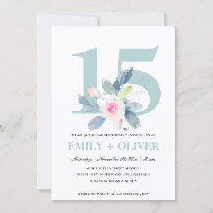 INVITATION BLUSH BLEU FLORAL DOUX 15ÈME ANNIVERSAIRE TOUTE AN