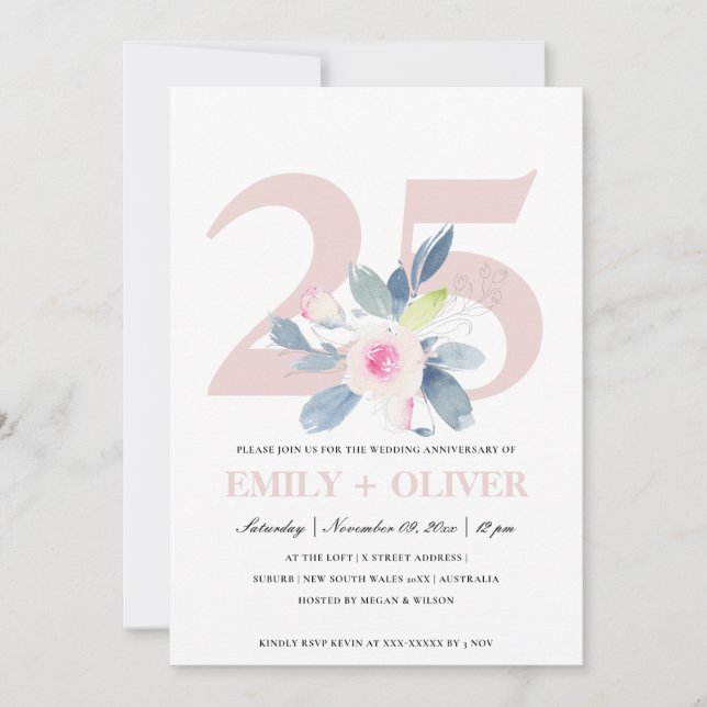 INVITATION BLUSH BLEU FLORAL DOUX 25ÈME ANNIVERSAIRE DE TOUTE (Devant)