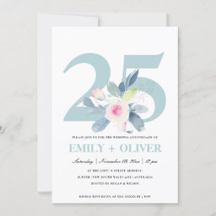 INVITATION BLUSH BLEU FLORAL DOUX 25ÈME ANNIVERSAIRE TOUTE AN