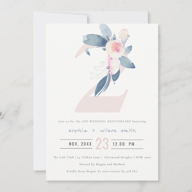INVITATION BLUSH BLEU FLORAL DOUX 2ÈME ANNIVERSAIRE TOUTE ANN (Devant)