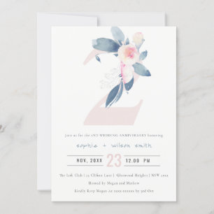 INVITATION BLUSH BLEU FLORAL DOUX 2ÈME ANNIVERSAIRE TOUTE ANN