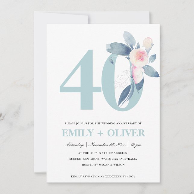 INVITATION BLUSH BLEU FLORAL DOUX 40ÈME ANNIVERSAIRE TOUTE AN (Devant)