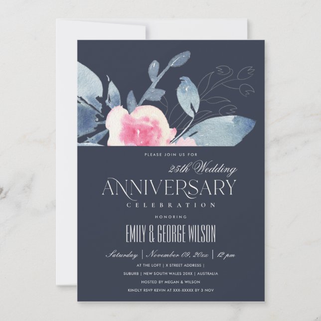 Invitation BLUSH BLEU NAVY FLEUR 25e ANNIVERSAIRE TOUTE ANNÉE (Devant)