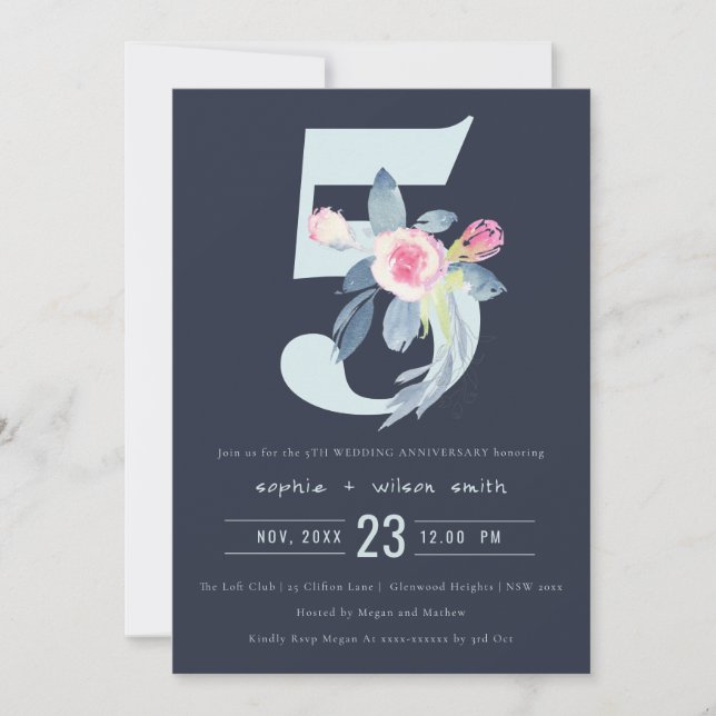 INVITATION BLUSH BLEU NAVY FLEUR 5ÈME ANNIVERSAIRE TOUTE ANNÉ (Devant)