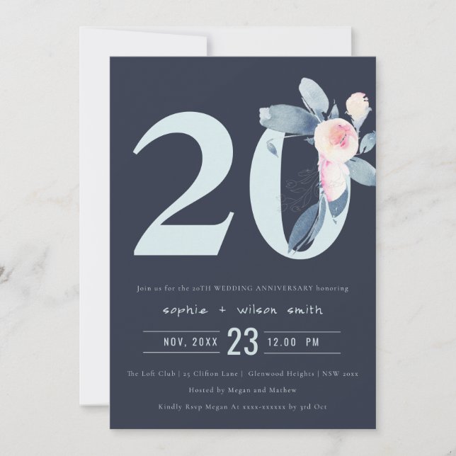INVITATION BLUSH BLEU NAVY FLEURS 20ÈME ANNIVERSAIRE TOUTE AN (Devant)