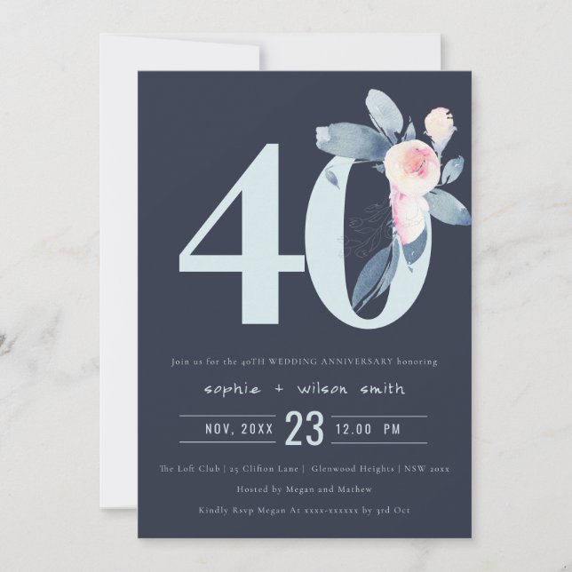 INVITATION BLUSH BLEU NAVY FLEURS 40ÈME ANNIVERSAIRE TOUTE AN (Devant)
