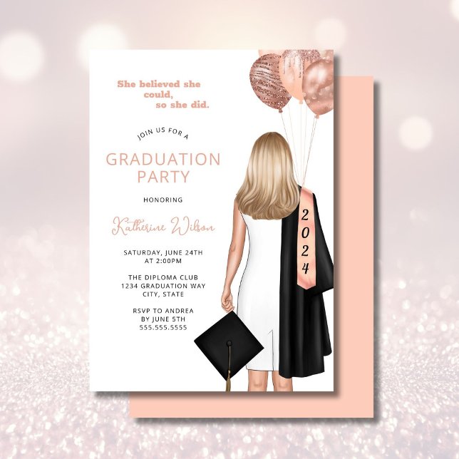 Invitation Blush Blonde Femelle Elle Croyait Graduation Party (Créateur téléchargé)