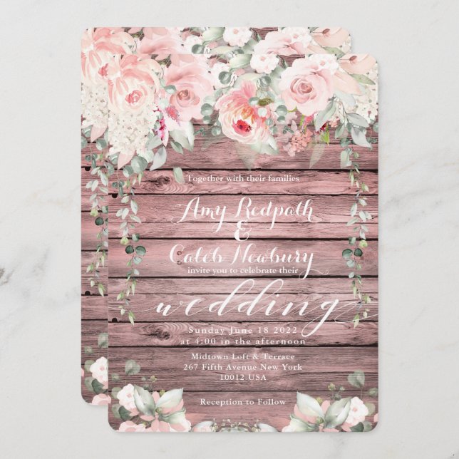 Invitation Blush & Blooms Mariage Rose Wood Rustic Barque (Devant / Derrière)