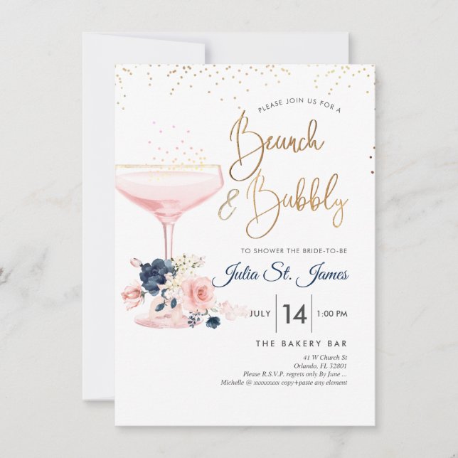 Invitation Blush+Blue Flowers Brunch Bubbly Pink Champagne (Devant)