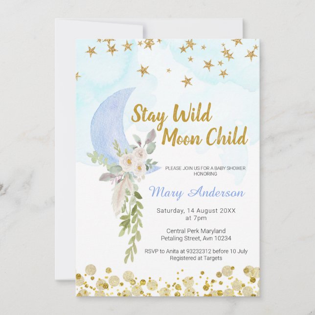 Invitation Blush Blue Moon Stars Boho Boho Baby shower (Devant)