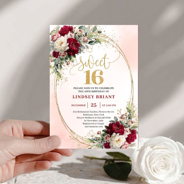 Invitation Blush Boho Burgundy Gold Floral Sweet Sixteen  (Blush Boho Burgundy Gold Floral Sweet Sixteen Invite)