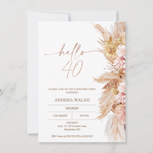 Invitation Blush Boho Pampas Grass Bonjour 40 Anniversaire (Devant)