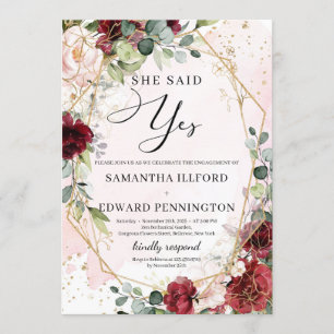 Invitation Blush bordeaux or floral elle a dit oui fiançaille