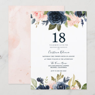 Invitation Blush botanique moderne et marine Floral 18e anniv