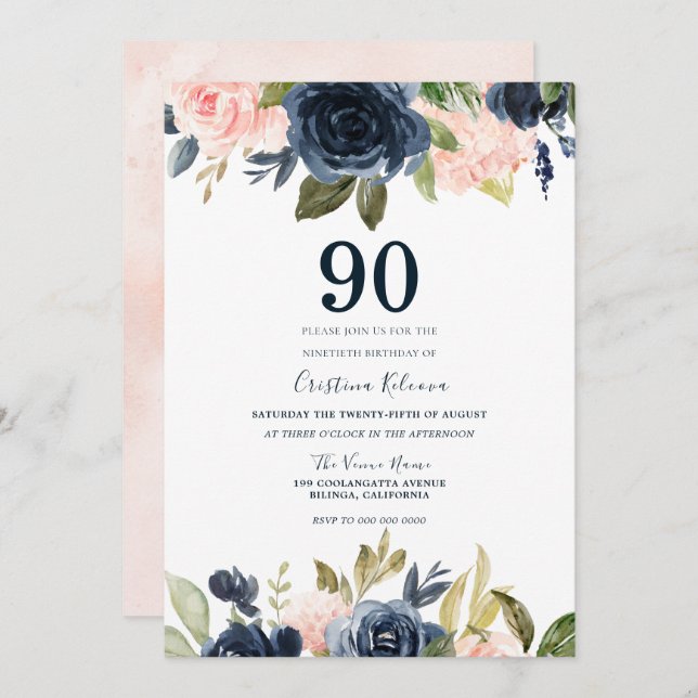Invitation Blush botanique moderne et marine Floral 90e anniv (Devant / Derrière)