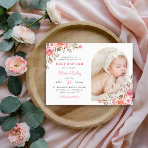 Invitation Blush Bouquet Floral Baby Girl Photo Baptême