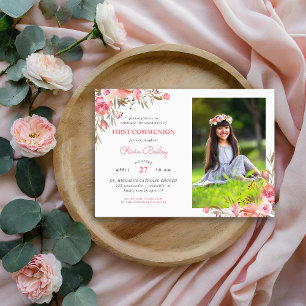 Invitation Blush Bouquet Floral Photo Première communion